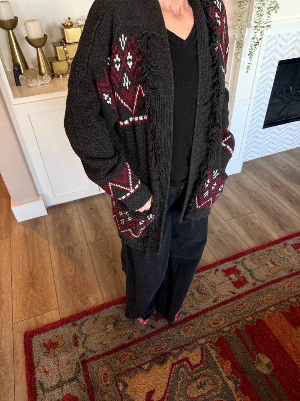 Sanctuary Black Fringe Open-Front Cardigan Sweater with Red & White Fair Isle